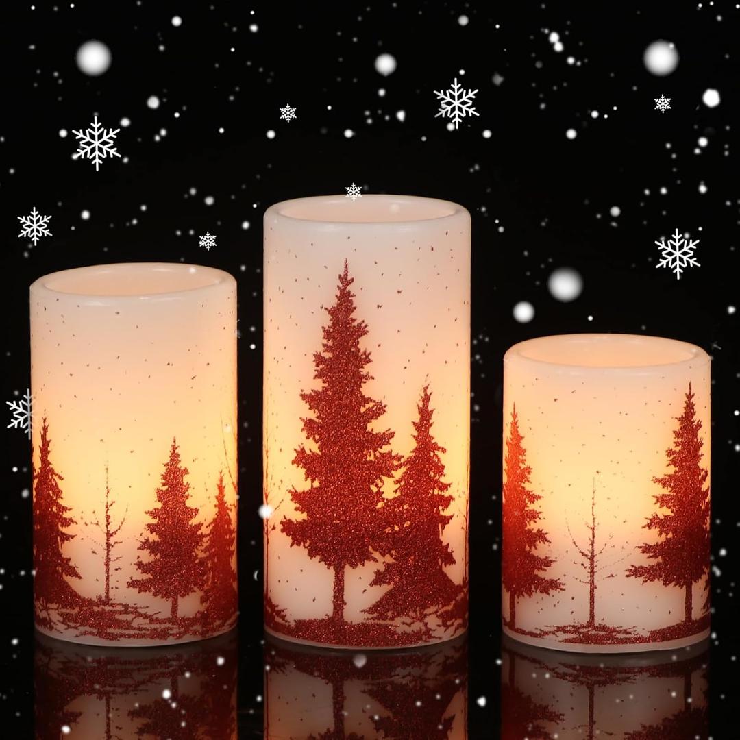 Eldnacele Christmas Flickering Flameless Candles with 6 Hour Timer, Red Christmas Tree Decal Battery Operated Real Wax LED Pillar Candles Home Tabletop Holiday Decor(3Pcs,34/5/6 Inches)