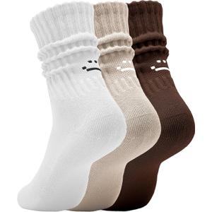 AugRing Women's Cute Scrunch Slouch Crew Socks 3Pack Retro Kawaii Chunky Ribbed Cotton Boot Sneaker Cozy Calf Socks Size 511 (White/Porpoise/Brown)