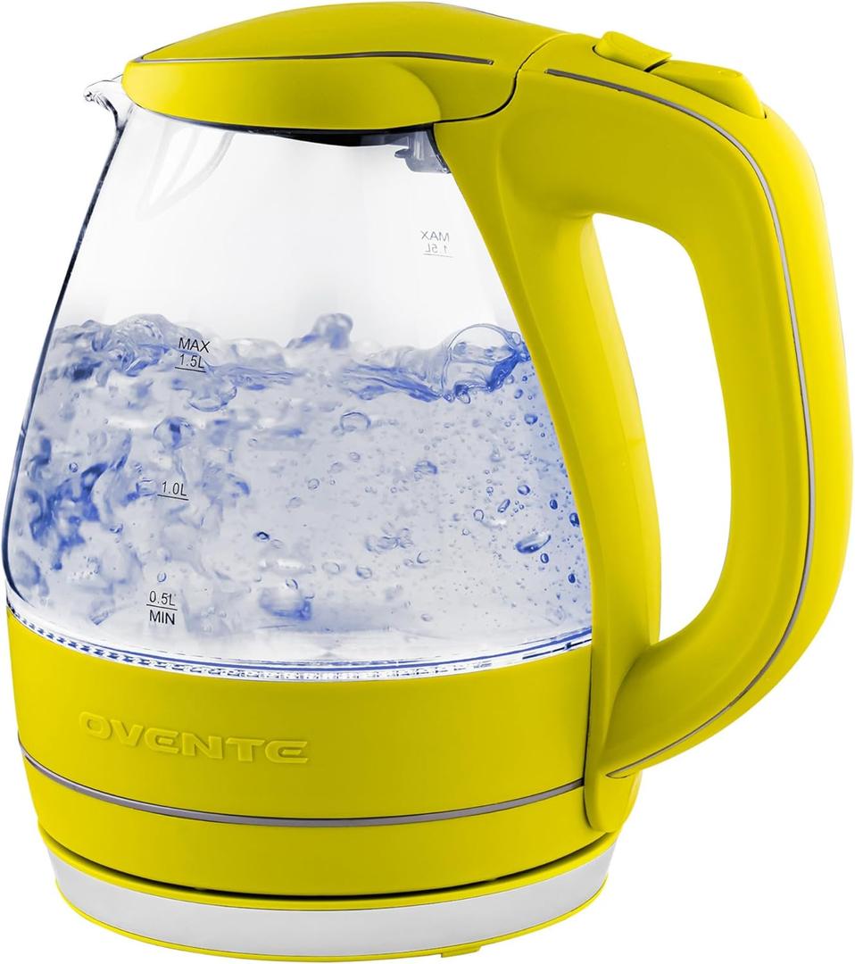 OVENTE Electric Kettle, 1.5L Borosilicate Glass Countertop Water Heater and Boiler for Coffee or Tea, BPA-Free, Auto Shut-Off, Boil-Dry Protection, Removable and Washable Spout Filter, Green KG83G