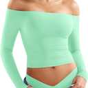 YEOREO Sophie Women Off Shoulder Long Sleeve Shirts Double Lined Basic Undershirt Y2K Going Out Tops (Medium, Avocado Green)