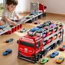 Carrier Truck Race Track Toddlers Toys, Toy Truck Transport Car with 12 Die-Cast Toy Cars, Truck Car Kids Toys Xmas Birthday Gifts for Age 3 4 5 6 7 8 Years Old Boys Girls (Red)