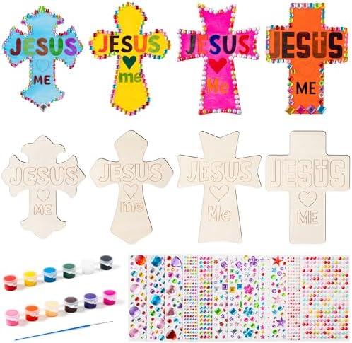 DIY Wood Cross Crafts for Kids - 24Sets Christian Unfinished Wood Cross Cutout Sunday School Vacation Bible School Supplies Blank DIY Wooden Cross Chips with Stickers Paint Gift for Church Christmas, Set of 2