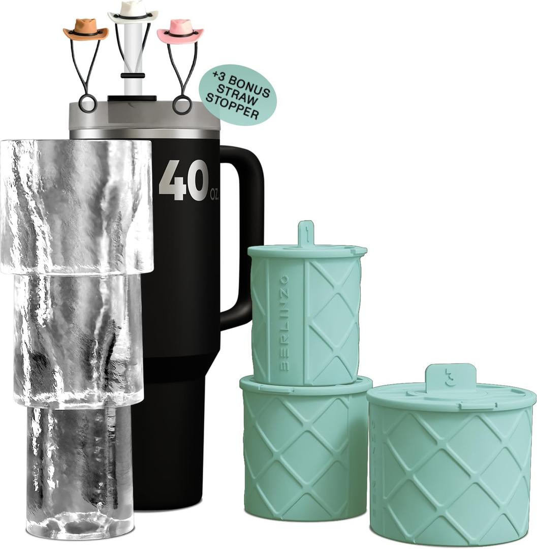 Berlinzo Premium Ice Molds for Stanley Tumblers  BPA-Free, Flexible & Durable Silicone for Easy Ice Release  Perfect for 30 & 40 oz Tumblers - 3 Straw Stoppers Included - Green