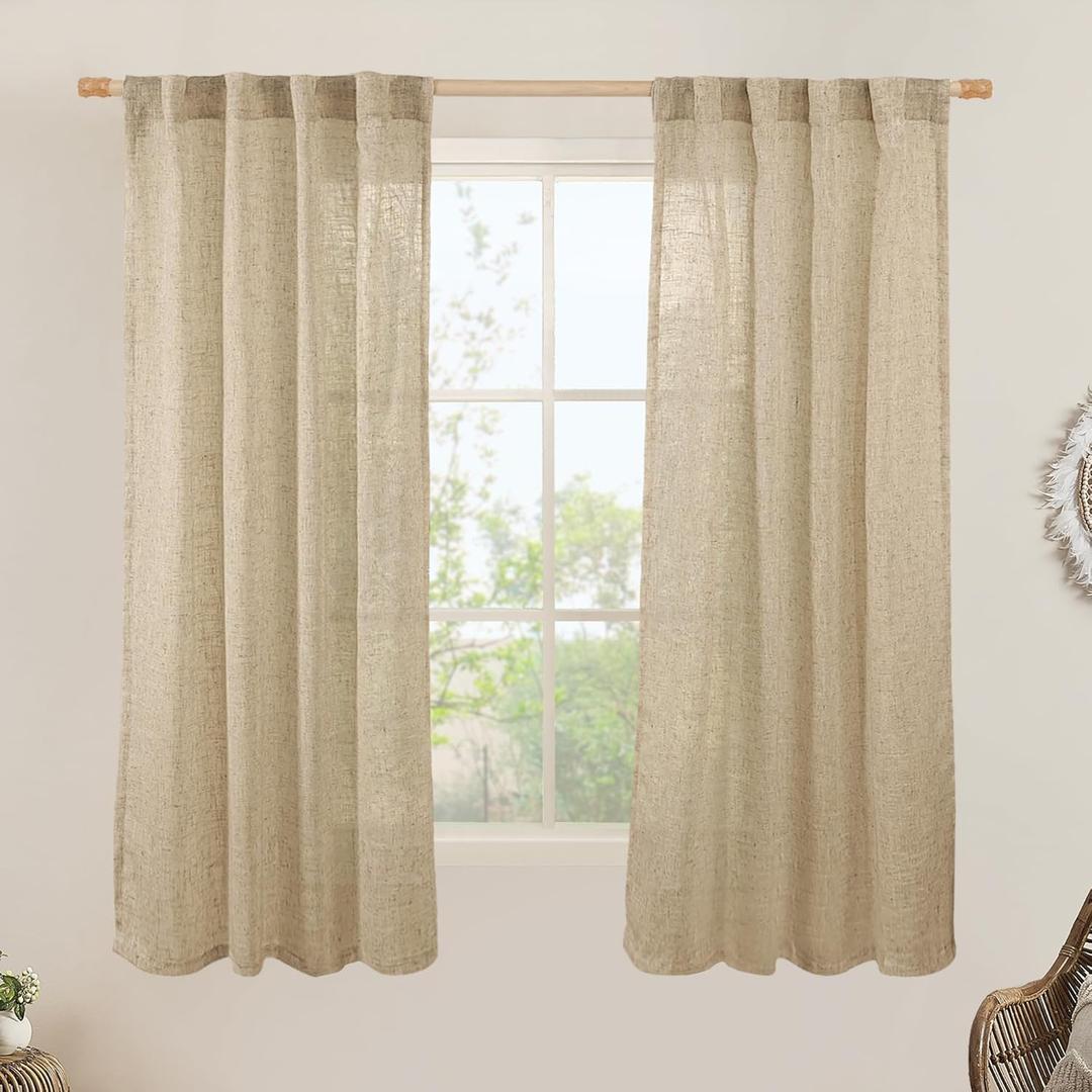 LAMIT 63 Inch Sheer Linen Window Curtains, Light Filtering Panels Back Tab and Rod Pocket Neutral Drapes for Bedroom/Living Room, Brown, 2 Panels, 34 x 63 Inch