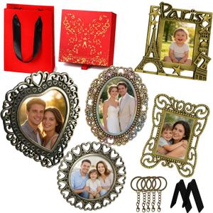 Mini Picture Frame Gift Set of 5  Vintage Metal Keepsake Frames for Anniversaries, Weddings & Meaningful Memory Gifts, Multi-Use Display (Tabletop, Magnet, Keychain) (Gift Box  Red)