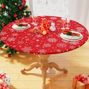 homing Round Fabric Fitted Tablecloth, Elastic Waterproof Oil Proof Table Cloth, Washable Polyester Table Cover Fits 36"-44" Round Tables for Outdoor Picnic Dinner, Snowflakes (Red & White)