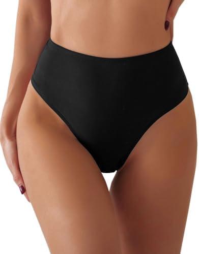 AFOLIRY Women's Sexy High Waisted Ruched Back Cheeky Thong Bikini Swimsuit Bathing Suit Bottoms M