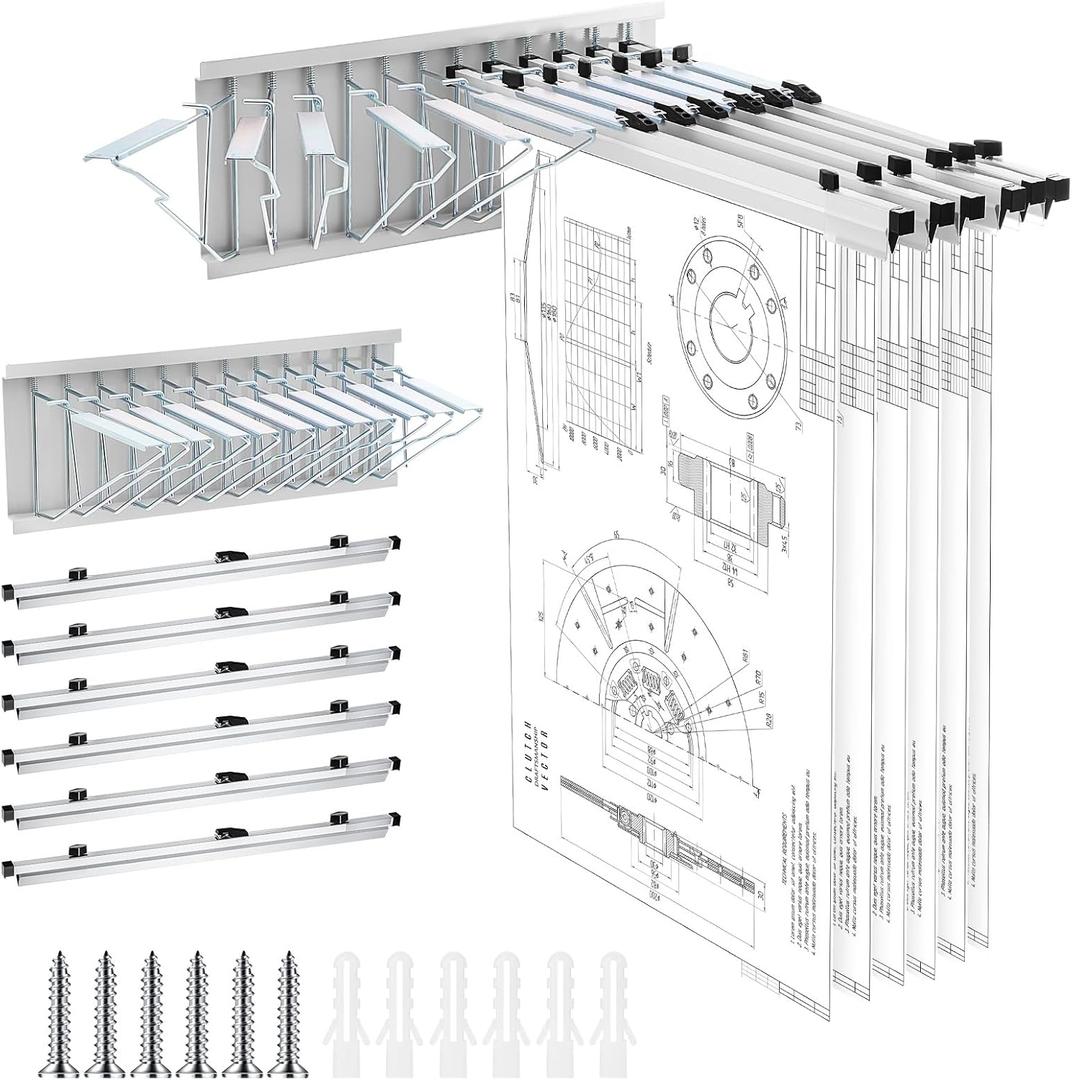 Estune Blue Print Organizer Mobile Blueprint Storage Rack with 6 Clamps Wall Mount File Organizer for Holds up to 1200 Blueprints File Display Plan Jobsite Construction Sites Office Home (30 Inch)