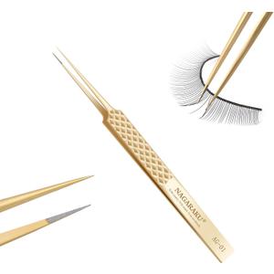 NAGARAKU Precision Fiber Tip Tweezer for Eyelash Extensions Diamond Handle 5cm Slim Tweezers Tip Anti-Static Anti-Slip Stainless Steel Pointed Separate Eyelashes Straight Tweezers with Box(AG-01)