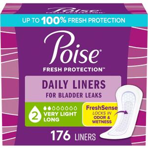 Poise Daily Liners, Incontinence Panty Liners for Bladder Leaks, 2 Drop Very Light Absorbency, Long Length, 176 Count of Pantiliners (4 Packs of 44)