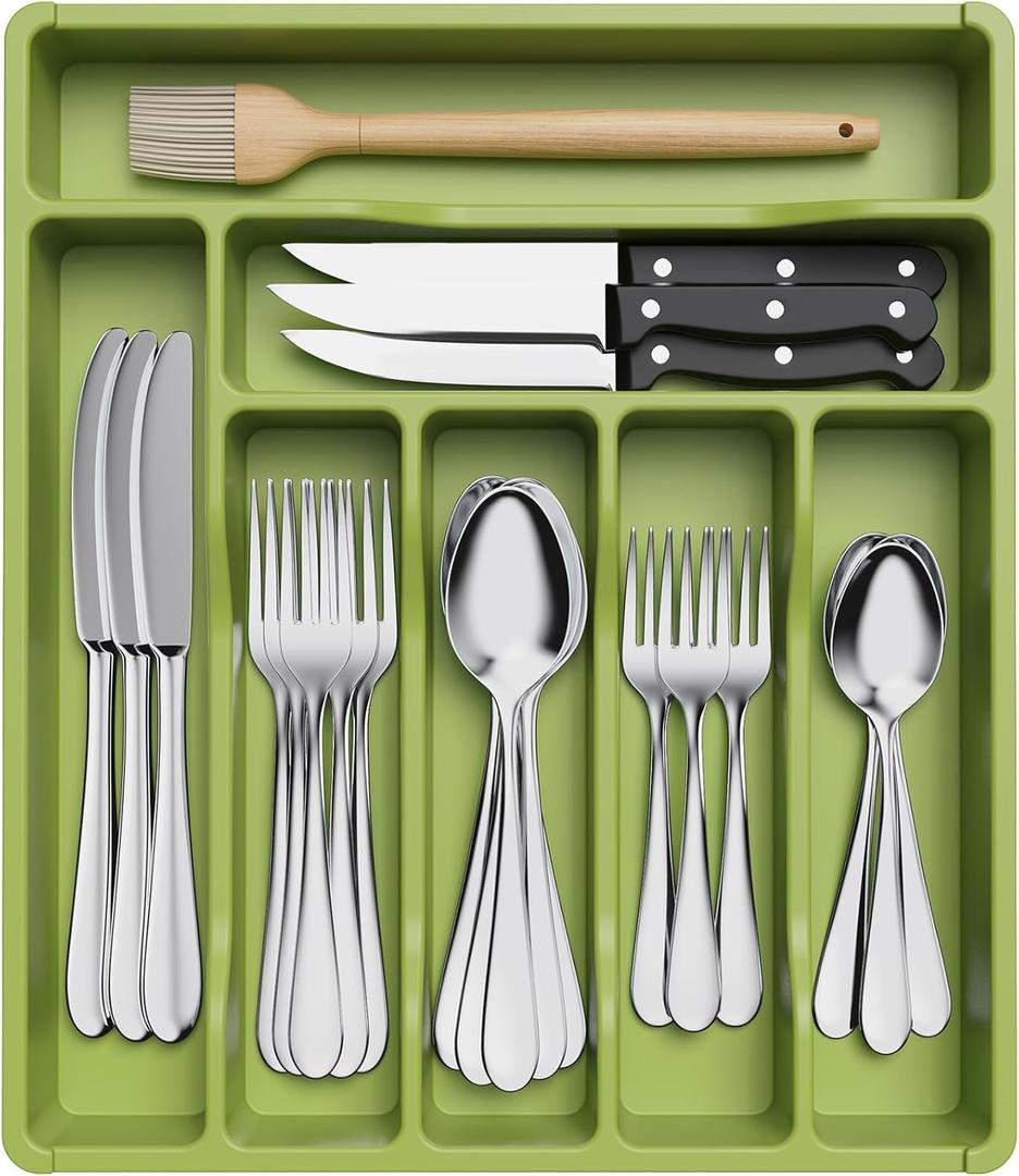 Lifewit Silverware Drawer Organizer Tray, Plastic Cutlery Storage for Kitchen Drawer, Flatware and Utensil Holder Divider for Spoons Forks Knives Tableware, 7 Compartment, Green (12.3 x 14.2 inch (7 Slots))