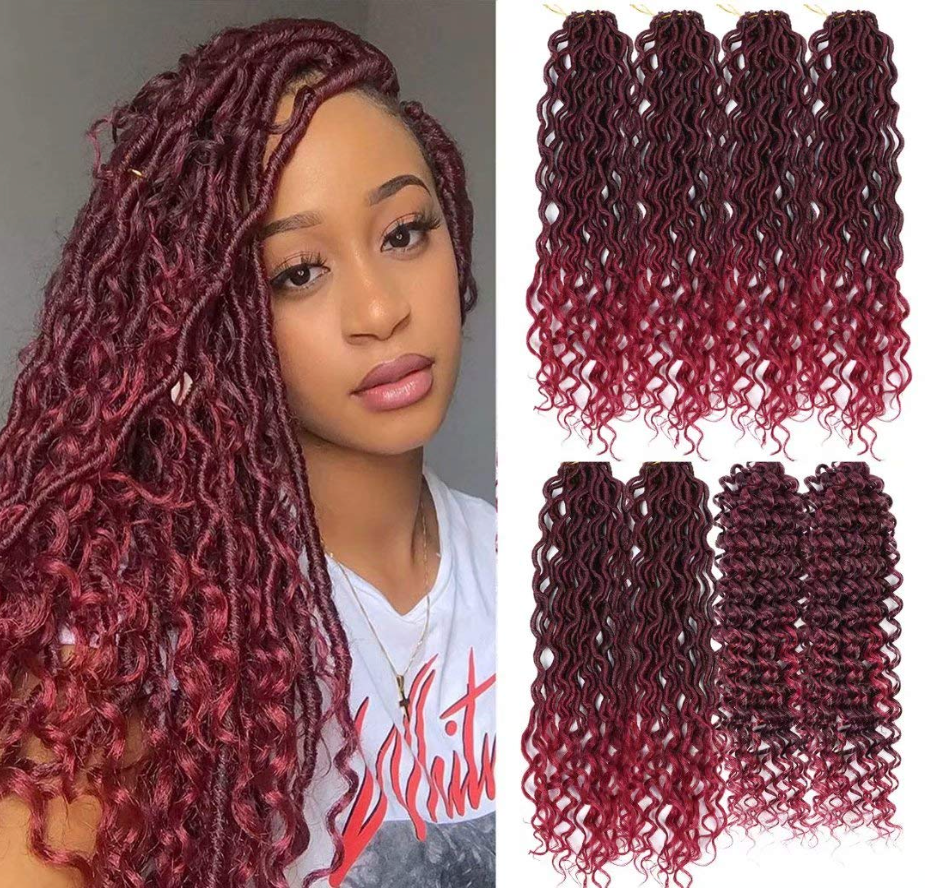 8 Packs New Goddess Locs Crochet Hair 18 Inch River Locs Braids Hair Boho Faux Locs Wavy Crochet Hair with Curly End Boho Style Synthetic Braid Hair for Black Women (#1B 18inch)