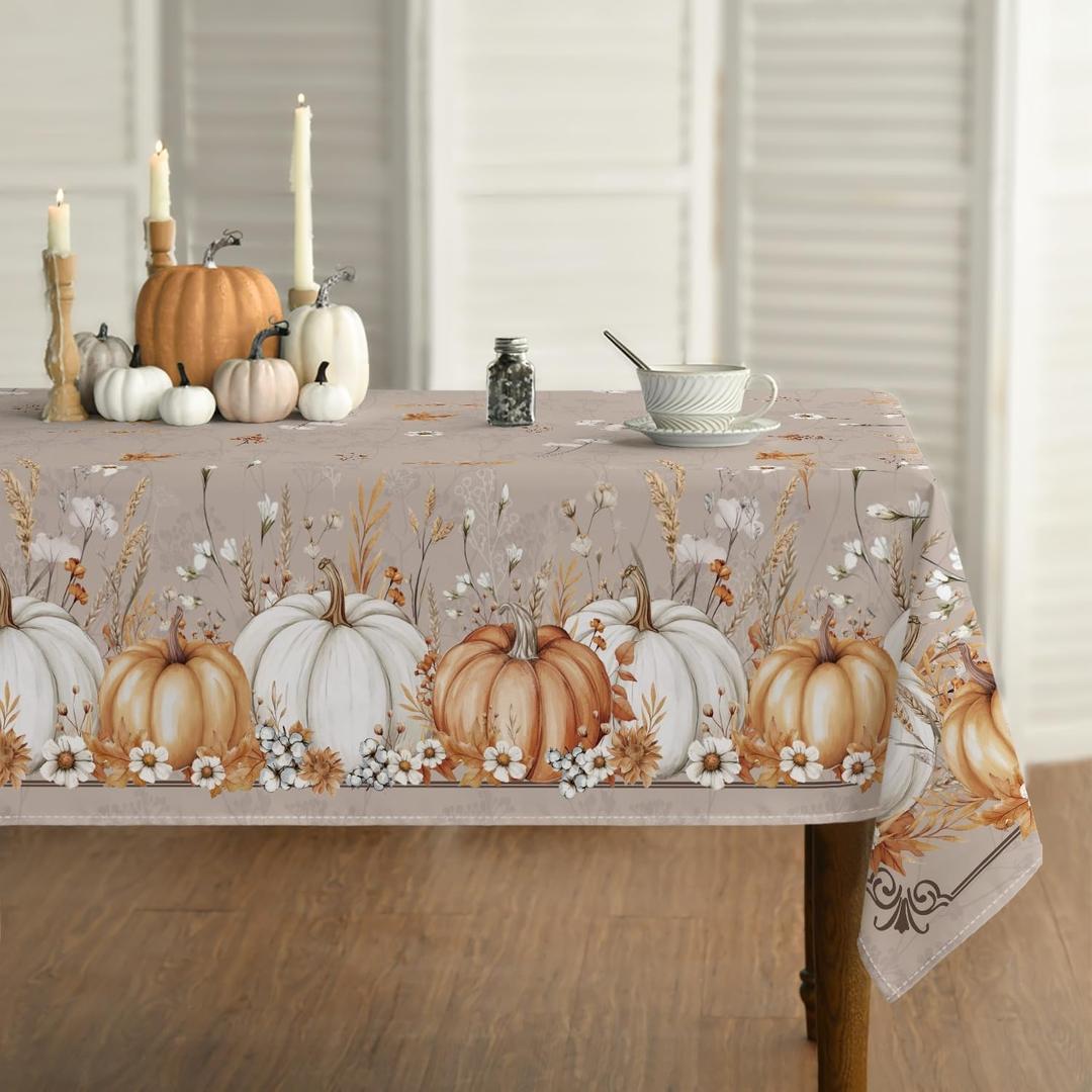 Horaldaily Fall Tablecloth 60×104 Inch Rectangular, White Orange Pumpkin Autumn Harvest Grain Washable Seasonal Table Cover for Party Picnic Dinner Decor