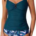 RXRXCOCO High Waisted 2 Piece Tankini Swimsuits for Women U-Wire Push Up Bathing Suit Tummy Control Ruched Swimwear Navy Blue (S)