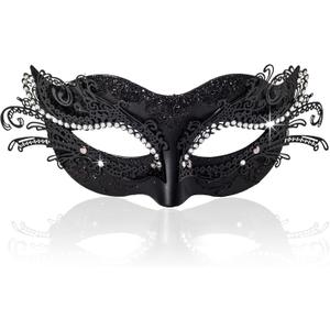 BCARICH 2025 New Masquerade Mask for Women, Metal Filigree Venetian Mask with Sparkle Rhinestone for Mardi Gras (Black)