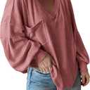 BTFBM Womens Fall Fashion 2025 Long Sleeve Shirts Casual V Neck Ribbed Knit Blouses Pullover Trendy Loose Fit Tunic Tops (Large, Solid Pink)