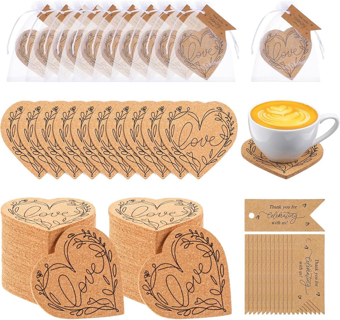 30 Sets Bridal Shower Favors for Guests Include Love Heart Cork Coasters Absorbent Cork Coasterthank You Cards and Organza Bags Baby Shower Favor Wedding Souvenirs for Guests