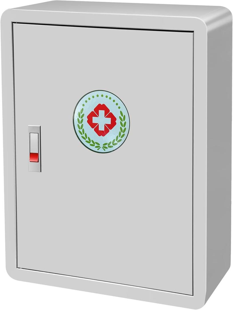 Wall-Mounted Medicine Cabinet, Large Latching First Aid Cabinet for Safe Storage of Medications, First Aid Kit for Home, Bathroom, Office, School, 16.5 x 6.6 x 21.5 Inch (Gray)