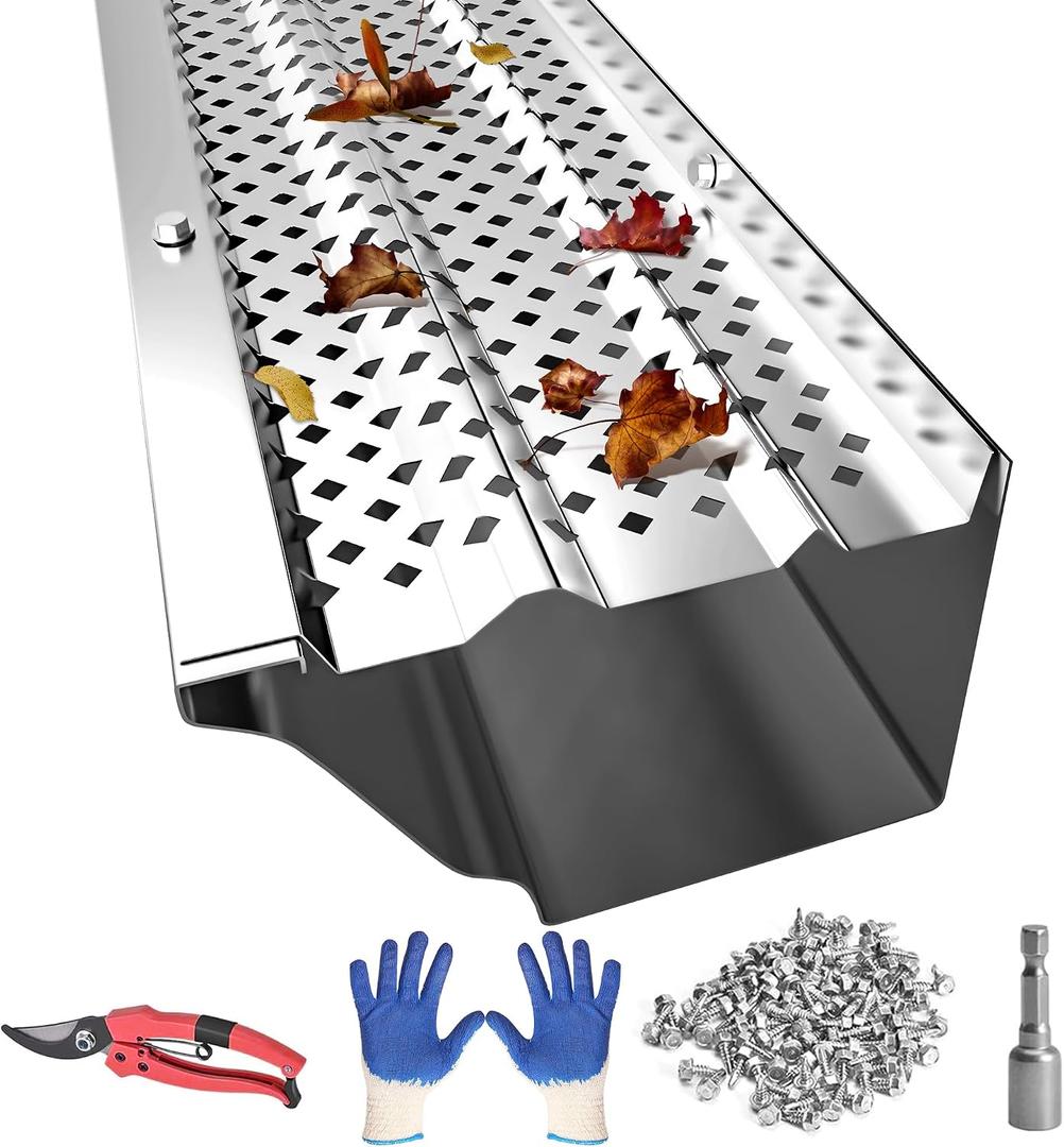 PPOLB Gutter Guards 5 Inch, Aluminum Leaf Filter Rain Gutter Covers with Screws Included, 32 PCS 108FT DIY Gutter Protection System, Heavy Duty, Fits Any Roof or Gutter Type (Mill Finish)