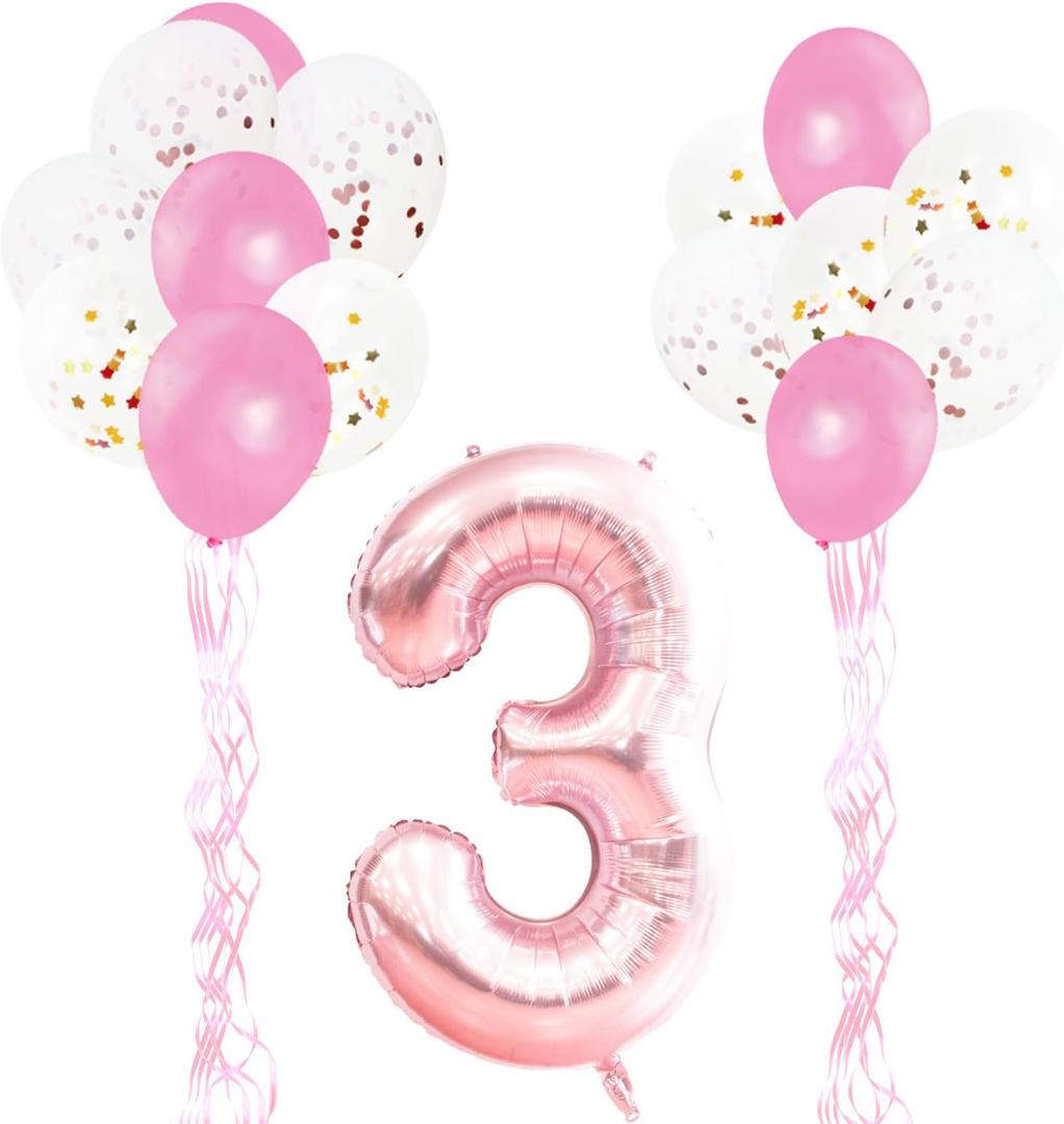 KUNGYO 3rd Birthday Party Decor Kit - Giant Rose Gold Number 3 Foil Balloon, Pink Ribbons, Latex Confetti Balloons, 18 Pieces Party Supplies for Girl Birthday Anniversary Ceremony
