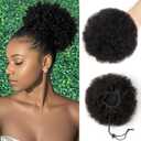 Afro Puff Human Hair Drawstring Ponytail for Black Women 6 Inch Curly 100% Brazilian Virgin Human Hair Ponytail Short Extension Hairpieces Updo Hair for Black Women Girls 50g #1B Natural Color