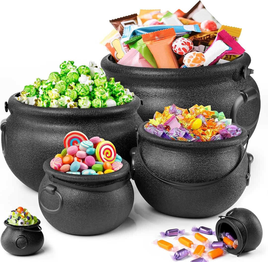Zesua Halloween Decorations - 6 in 1 Package Large Black Plastic Witches Cauldron - Cauldron Candy Bowl - Trick or Treat - Cauldron Pot for Indoor Outdoor Party Table Decor