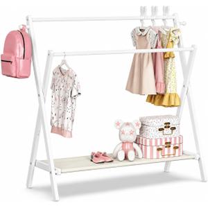BAMBOOHOMIE Kids Clothing Rack, Small Clothes Organizer Rack, Kids Dress Up Rack with Storage Shelf & Double Rods, Bamboo Child Garment Rack for Playroom Toddler's Bedroom (Large Size - White)