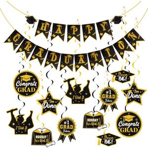 Graduation Hanging Swirl Banner Decorations Congrats Grad Decorations Black and Gold Banner Garland party Supplies for Class of 2025