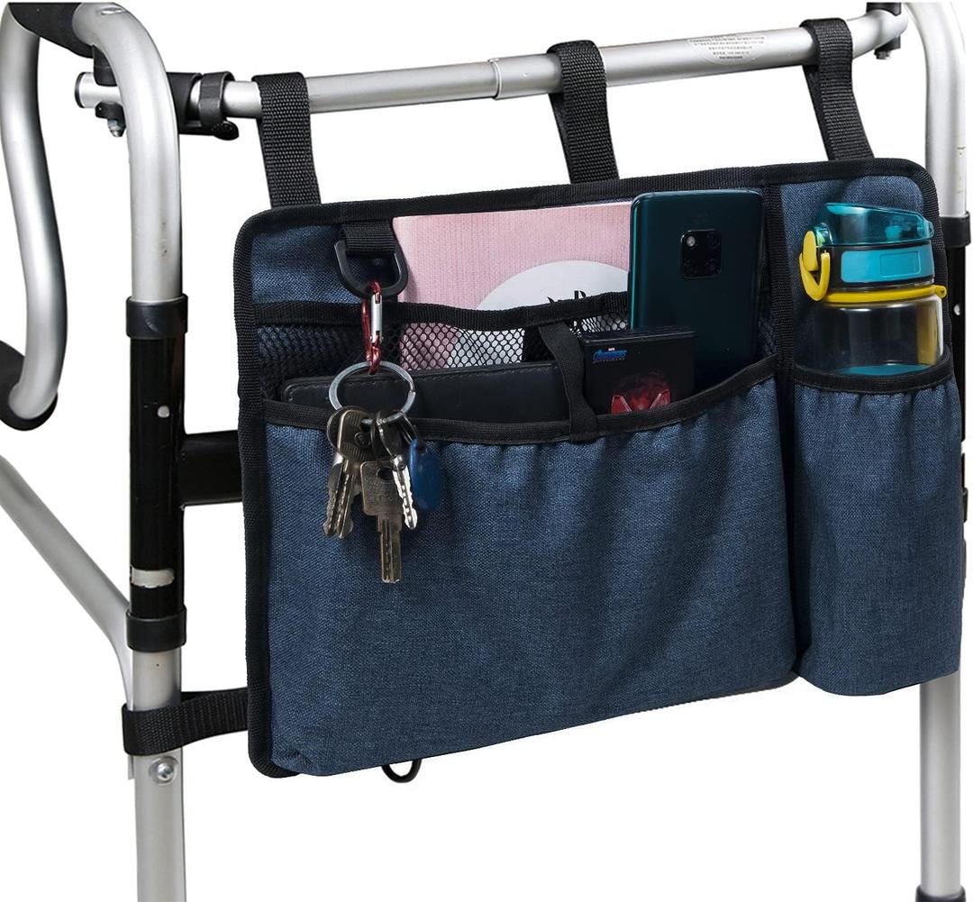 Caroo Walker Bag Basket with Cup Holder Suit for Adult Folding Walkers Rollator Organizer Carry Storage Pouch Water-Resistant Armrest Accessories for Seniors, Elderly, Handicap, Blue