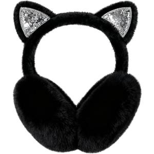 fauson Ear Muffs for Winter Women - Foldable Cat Ear Earmuffs for Women Faux Rabbit Fur Valentines Day Gifts for Her (Black)
