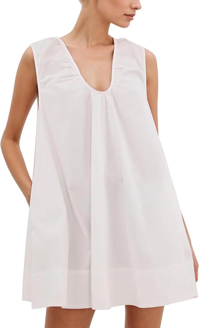 Womens Preppy Babydoll Tank Mini Dress Scoop Neck Short Sundress Loose Ruched U Neck Summer Party Dresses with Pocket White (White)
