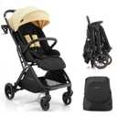 Gromast Gravity Folding Baby Stroller - Portable Travel Toddler Stroller w/Adjustable Backrest, Canopy & Cup Holder, Lightweight and UV Protected, One-Hand Automatic Folding - Beige