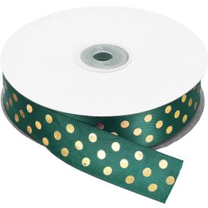 MECCANIXITY Polka Dots Grosgrain Ribbon 50 Yards 1 Inch Dark Green with Gold Dots Polka Dots Ribbon Bow Decoration for Crafts Gift Wrapping Wedding DIY Handmade