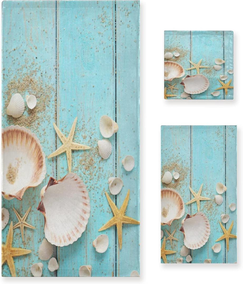 Shells Starfish On Sea Shore Bath Towel Set 3 Ultra Soft Fast Dry Summer Sea Face Towel Absorbent Bathroom Towel Set Shower Hand Face Washcloths