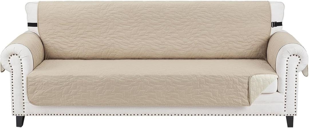 CUCRAF Non Slip Quilted Sofa Cover, Water Resistant Slipcover Furniture Protector for 4 Cushion Sofa Pet Friendly, Washable Couch Cover with Adjustable Elastic Straps (XX-Large, Beige)