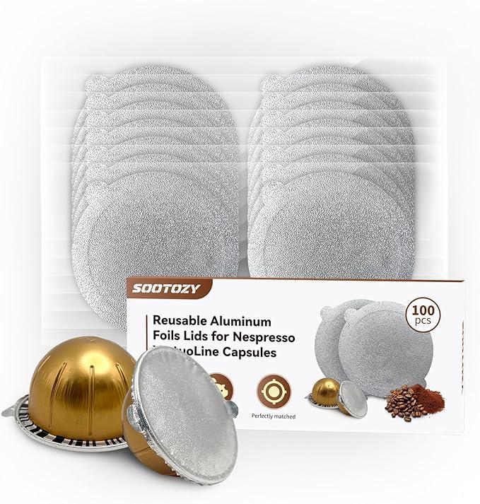 Reusable Pods Kit for Nespresso Vertuo, Refillable Coffee Pods with 100pcs Aluminum Covers Foil Seals Lids for VertuoLine Capsules, Compatible for VertuoPlus Espresso Machine (Pods not included)
