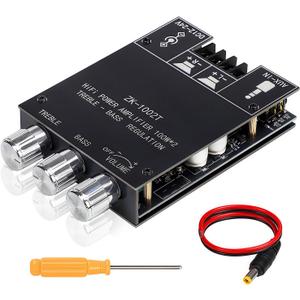 ZK-1002T Bluetooth 5.0 Stereo Amplifier Board, 200W HiFi 2.0 Channel Mini Audio Amp Module with Treble & Bass Control, AUX Input, DC 12V-24V for DIY Speakers,Home Audio