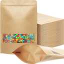 Geosar 300 Pcs Stand up Kraft Pouches with Window 7 x 10 Inch Kraft Paper Sealable Pouches with Notch Heat Sealable Resealable Bags for Small Business, Zipper Food Storage for Packaging, Snacks