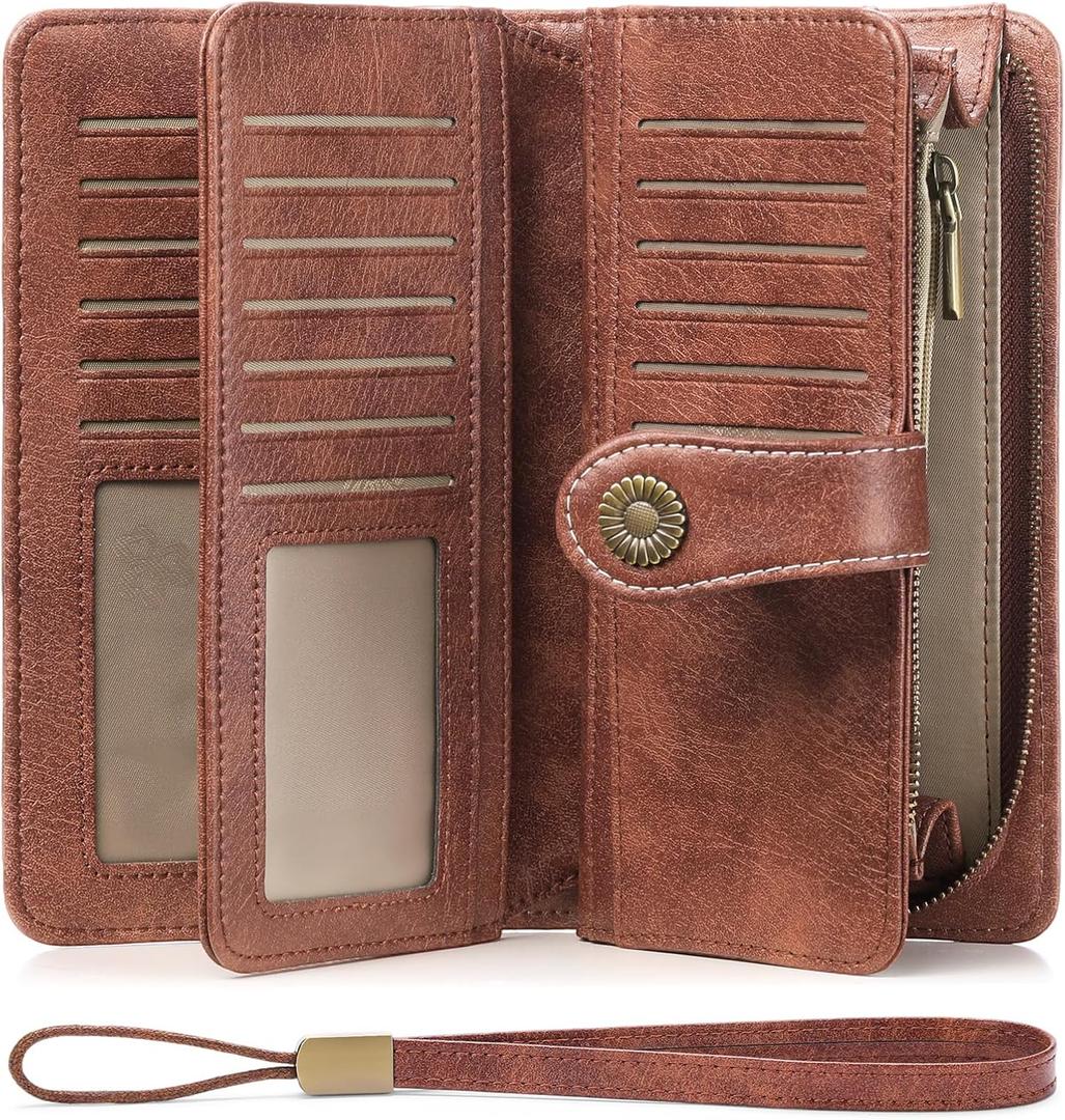 FALAN MULE Women Leather Wallet Large Capacity Bifold RFID Blocking Card Holder with Zipper Coin Pocket (BJ-Light Brown)