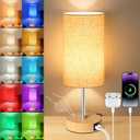 Unicozin Small Table Lamp, 3CCT & 7 RGB Color Changing, Dimmable Nightstand Lamp with Wood Grain Base, Touch Bedsides Lamp for Bedroom, Office, Kids Room, Nursery, Party, Beige Shade (14.5in)