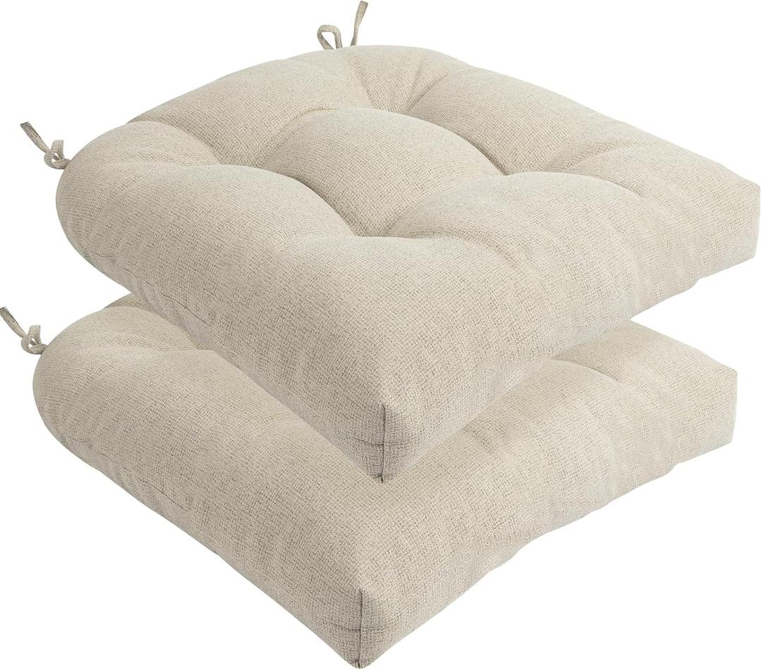 Indoor/Outdoor Tufted Seat Cushions with Ties Set of 2, 19"x19" Chair Cushions for Dining Chairs, Waterproof Overstuffed Chair Pads for Garden Patio Kitchen Home-Light Khaki