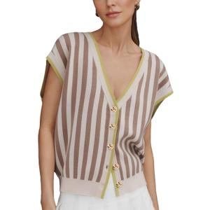 HangNiFang Womens Summer Striped Knit Cardigan Vest V Neck Cap Sleeve Golden Button Sweater Tops (X-Large, Khaki)