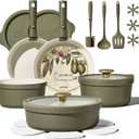 Carote 21pcs Ceramic Cookware Set with Detachable Handles, Pots and Pans Set Non Stick, RV Kitchen Cooking Pot and Pan, Dishwasher Safe, Non-toxic Induction Cookware PFAS and PFOA Free, Olive Green