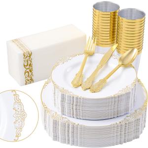 Fijinhom 350pcs Gold Plastic Plates, Elegant Disposable Dinnerware Set, 125 Pieces, White and Gold, Plates, Cups, Cutlery and Napkins (Gold, 50 Guests)