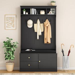 Hall Tree with Storage, Coat Rack with Shoe Storage, 6-in-1 Farmhouse Hall Tree with 7 Hooks, Shoe Rack with Coat Rack for Entryway, Hallway, 70.9 Inch, Black