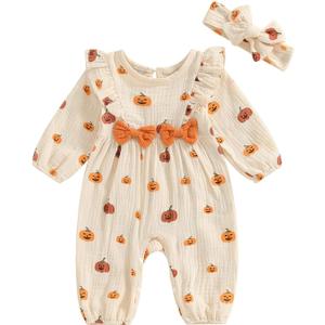 Halloween Baby Girl Outfit Infant Fall Clothes Long Sleeve Bubble Romper Pumpkin Bodysuit Jumpsuit with Headband (Newborn)
