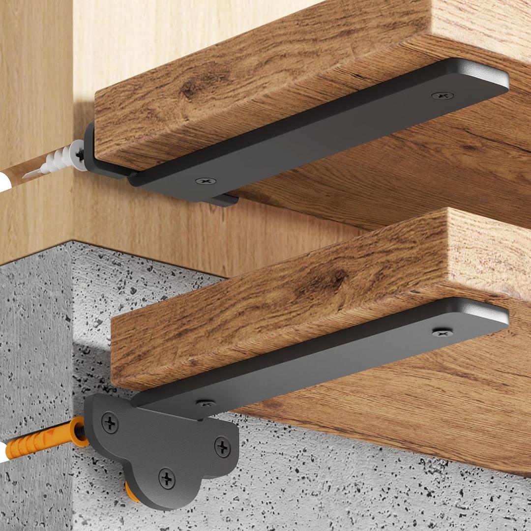 LuckIn 6 Pack Floating Shelf Brackets, Heavy Duty Floating Shelf Bracket 12 Inch Long, Black Hidden Metal L Brackets for Wall Shelves Support DIY(1/5 Inch Thicked) and 110 lb. Load Capacity