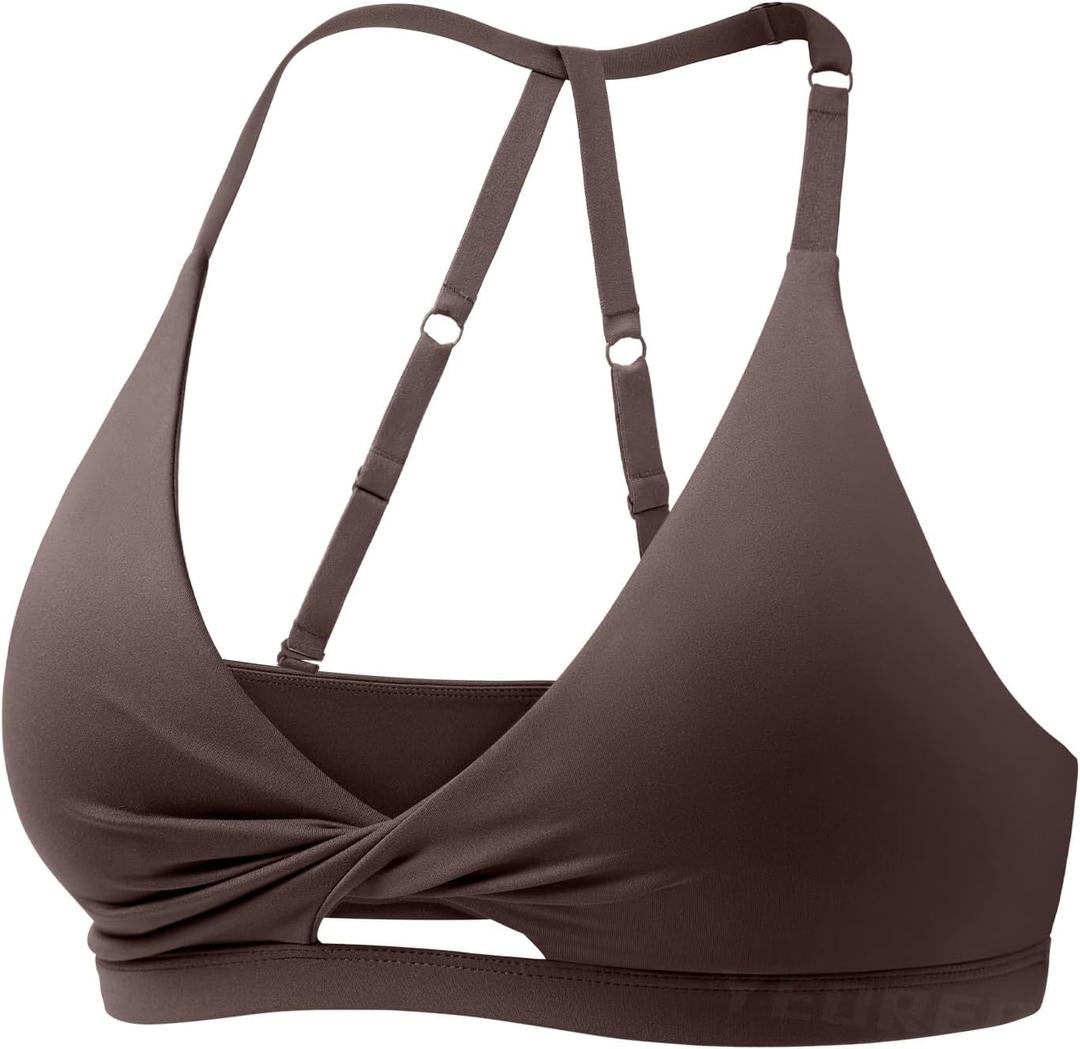 YEOREO Sports Bras for Women Open Back Workout Gym Bra Padded Medium Impact Yoga Tops with Ajustable Back Straps (Brown)