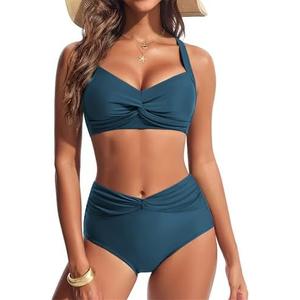 Hanna Nikole Women's High Waisted Bikini Sets, Tummy Control 2 Piece Swimsuits, Full Coverage Knot Front Bathing Suit Size 8-10