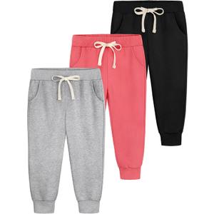 Aocku 3 Pack Toddler Sweatpants Cotton Baby Girls Joggers Toddler Girls Sweatpants with Pocket Drawstring (4T, Black,hot Pink, Light Gray)